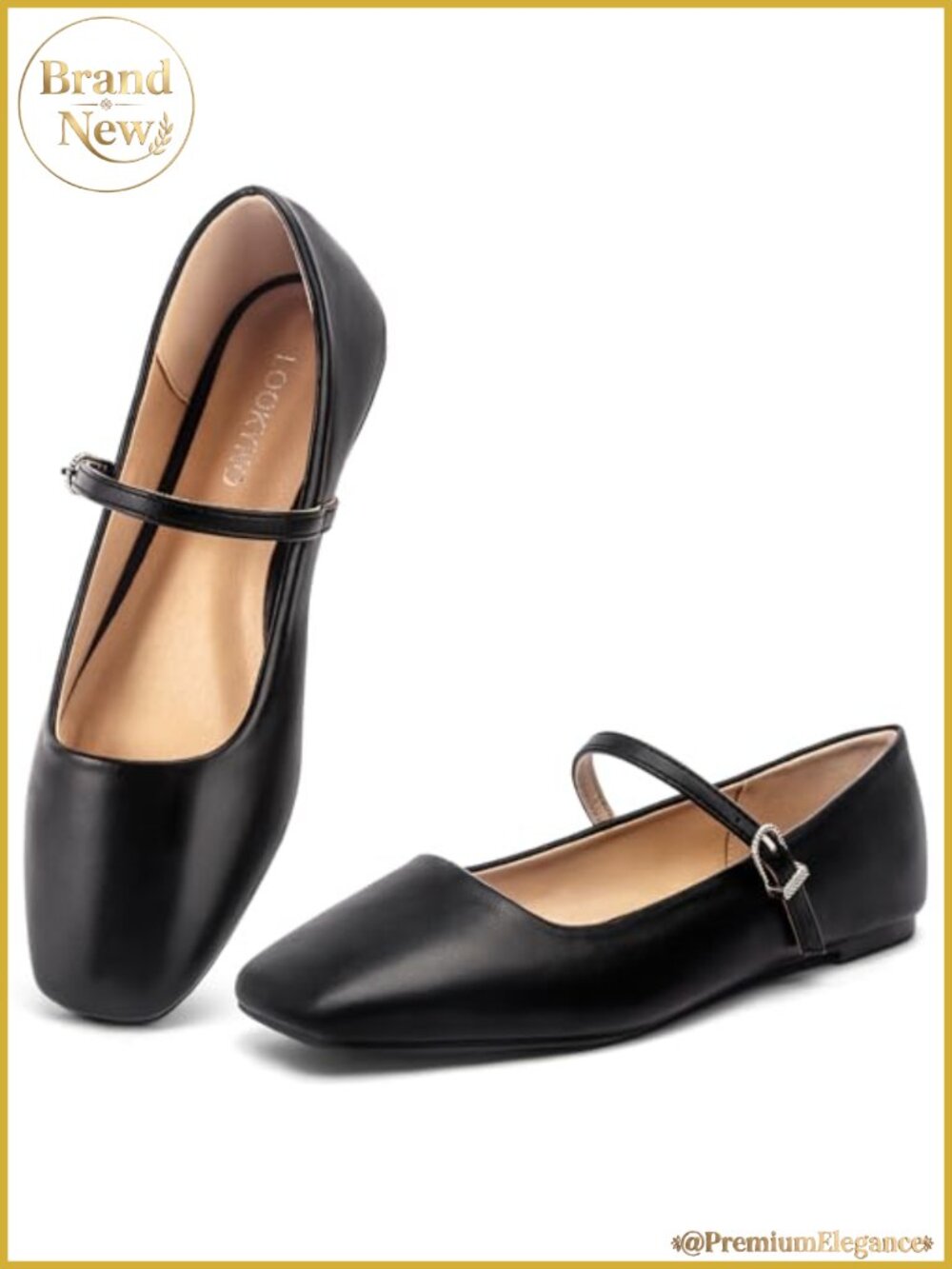 Womens Mary Jane Flats Closed Toe Buckle Strap Square Toe Faux Leather
